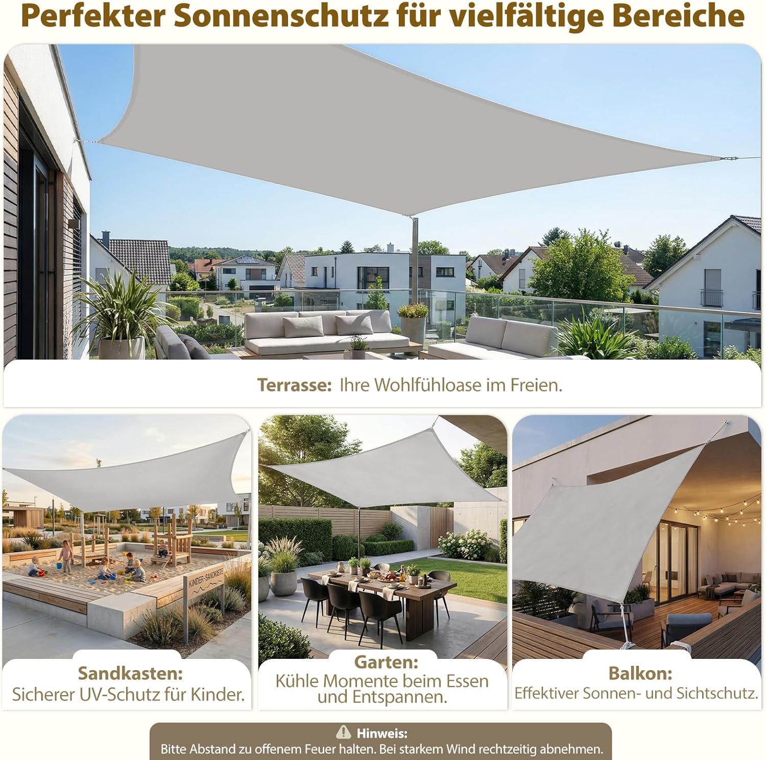Thumbnail 4 de Sekey Sonnensegel 2x3m Rechteckig – wasserdicht, ohne Mittelnaht, 160 g/m² PES, Lotus-Effekt, Edelstahl-Ringe