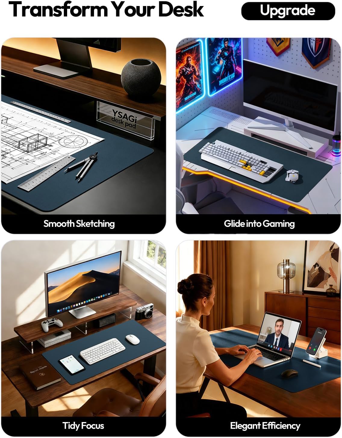 Detalle 2 de YSAGi Leather Desk Protector & Large Office Desk Pad (Dark Blue, 31.5" x 15.8")
