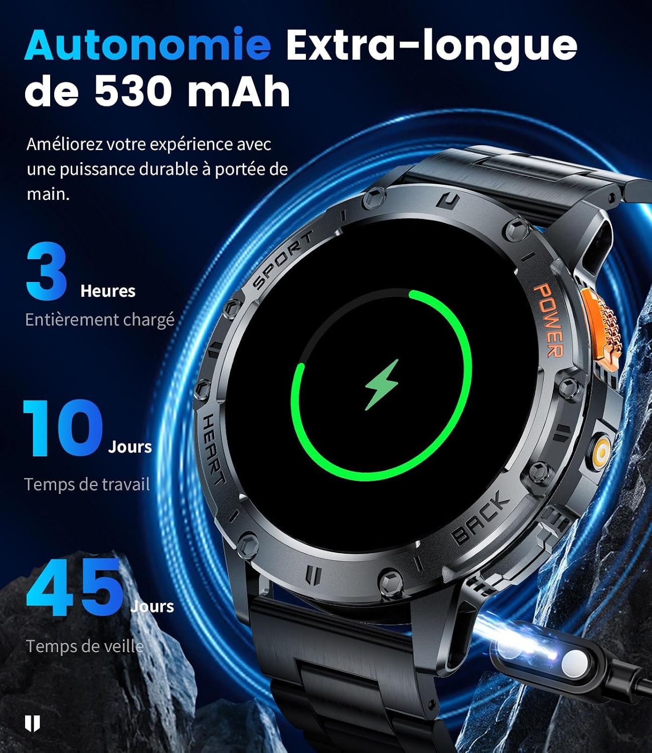 Detalle de Montre Connectée Homme avec Appels Bluetooth et 120+ Modes Sportifs – Écran AMOLED 1,43", IP68