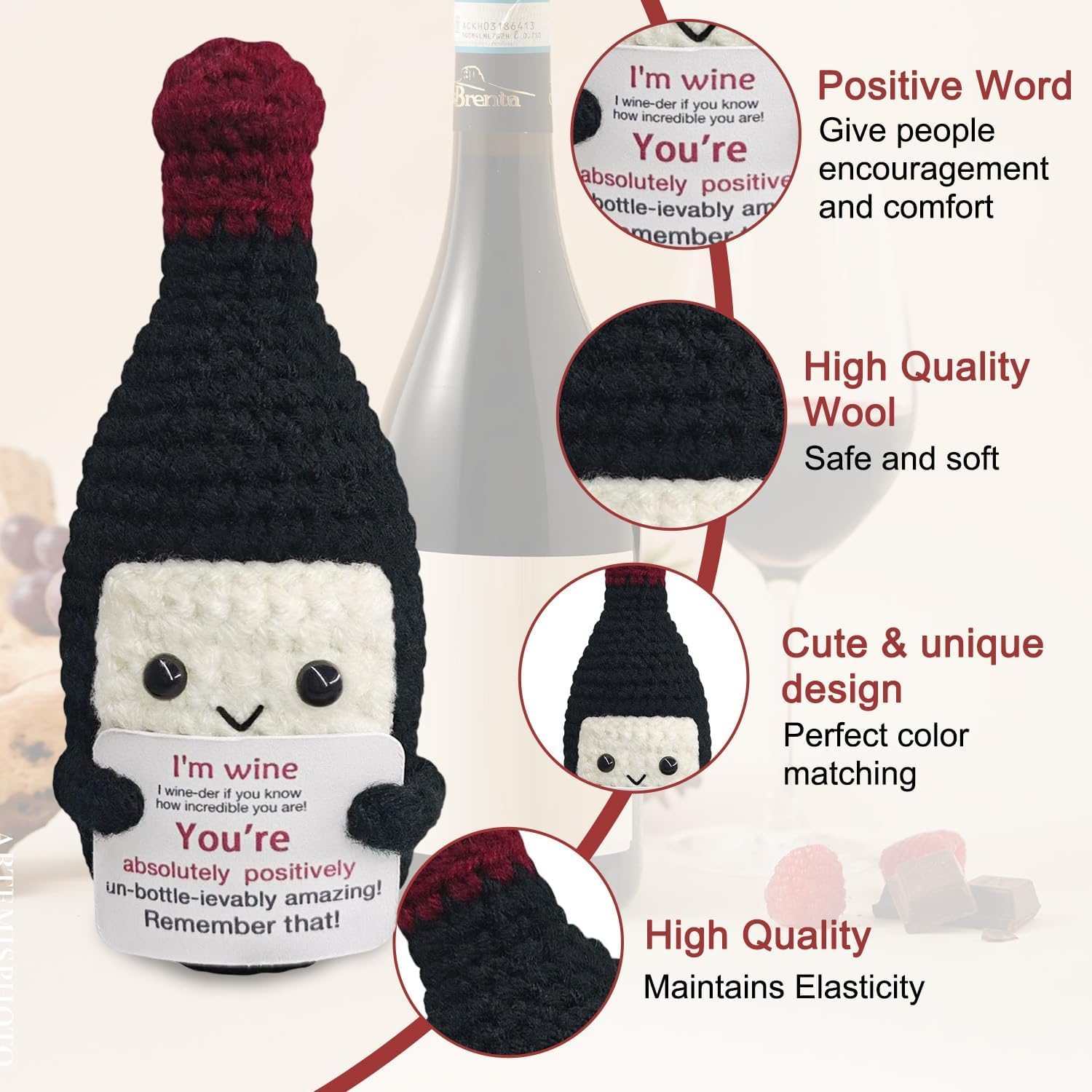 Thumbnail 1 de Laicaii Emotional Support Gift: Funny Crochet Mini Wine Bottle with Positive Card