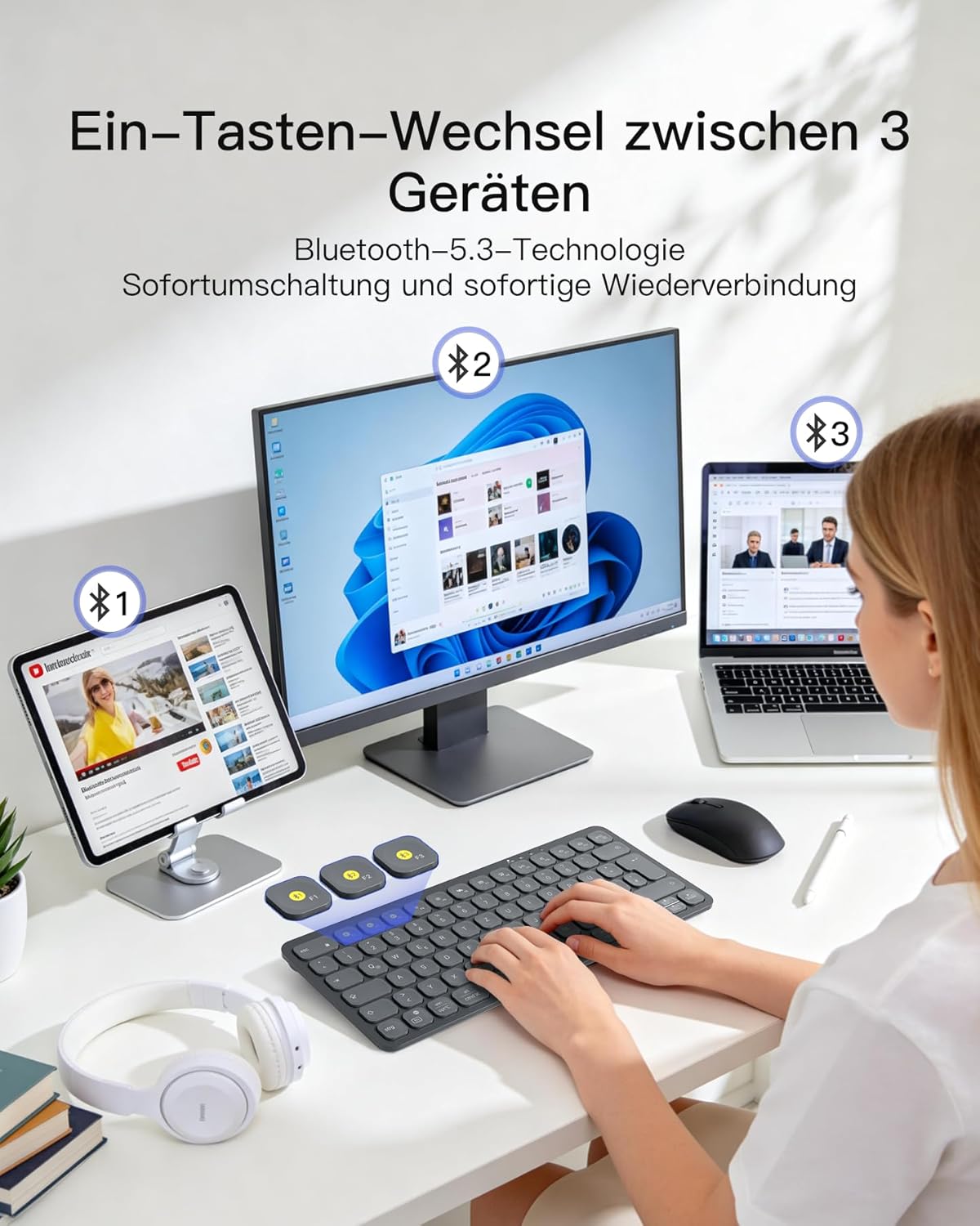 Detalle de Inateck KB107: Kabellose Bluetooth-Tastatur mit 3-Geräte-Switch, ultradünn und ergonomisch