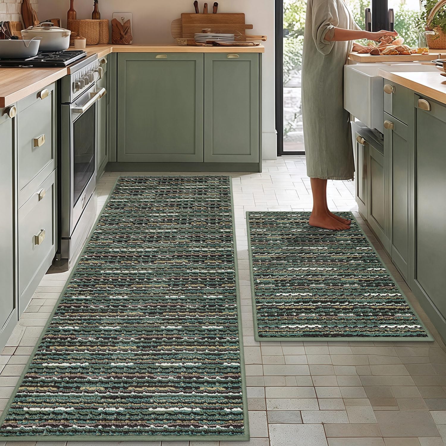 Two-Piece Non Slip Kitchen Rugs 22x59 & 20x32