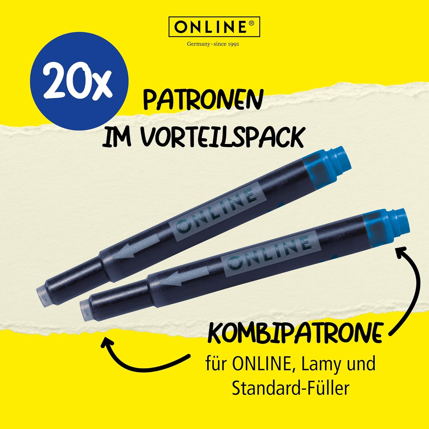 Detalle de ONLINE 20x kompatible LAMY Patronen blau – universell verwendbar, löschbar & königsblau, Vorteilspack