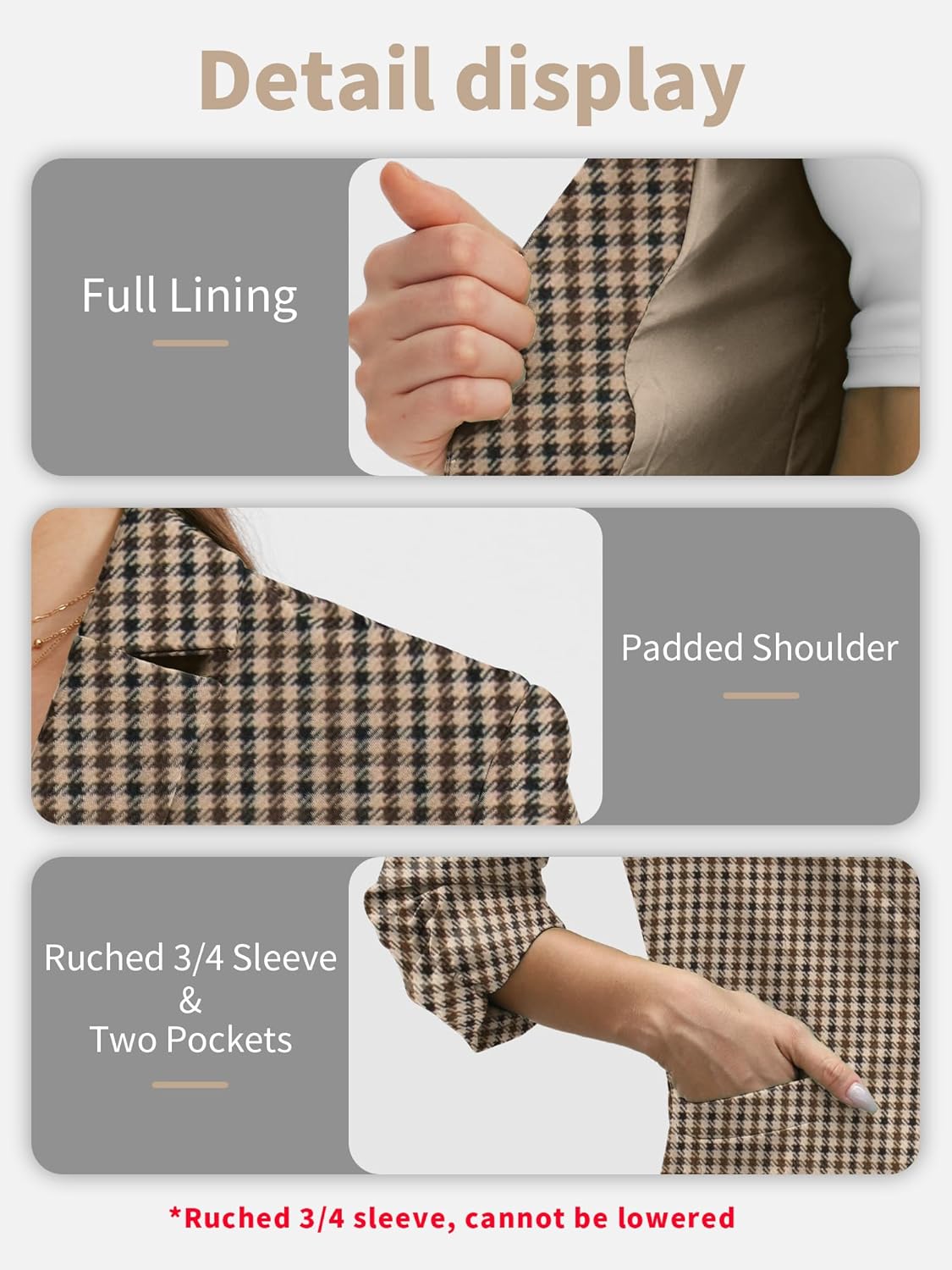 Thumbnail 4 de ELLEVEN Women's Ruched 3/4 Sleeve Blazers: Lightweight Slim Fit Jacket with Padded Shoulders