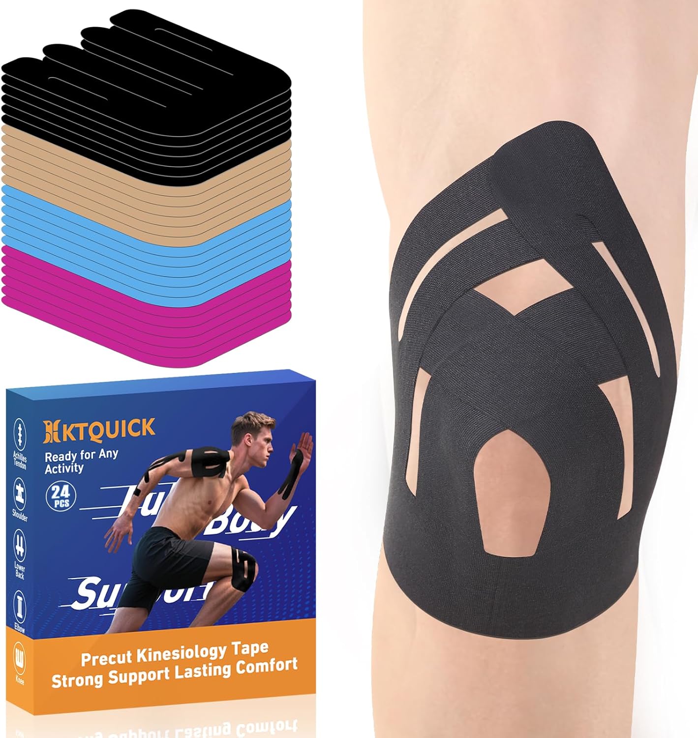 Detalle de PreCut Kinesiology Tape for Knees - 24PCS 6-Color Mixed Pack (6 Black, 6 Beige, 6 Blue, 6 Pink) from KTQUICK