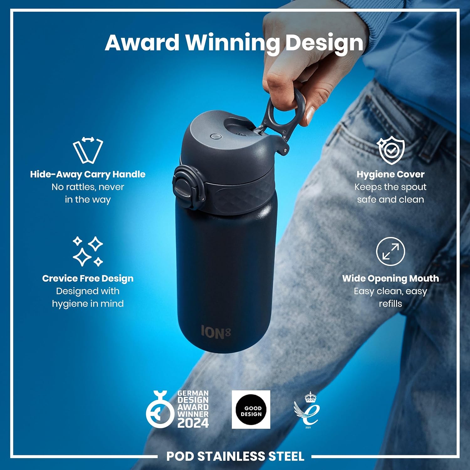 Detalle 2 de ION8 Lightweight Steel Kids Water Bottle, 400ml/13oz – Leak-Proof, Dishwasher Safe and Easy to Open