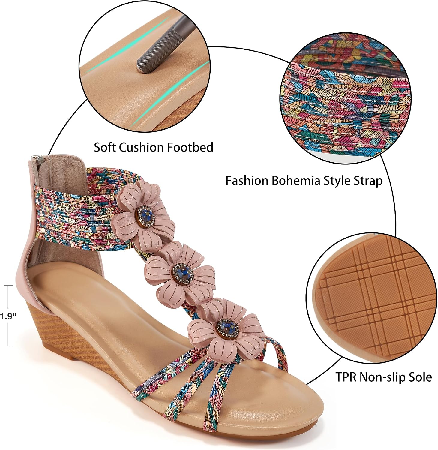 Detalle de FUDYNMALC Women’s Wedge Sandals with Zipper, Open Toe Boho Gladiator Style