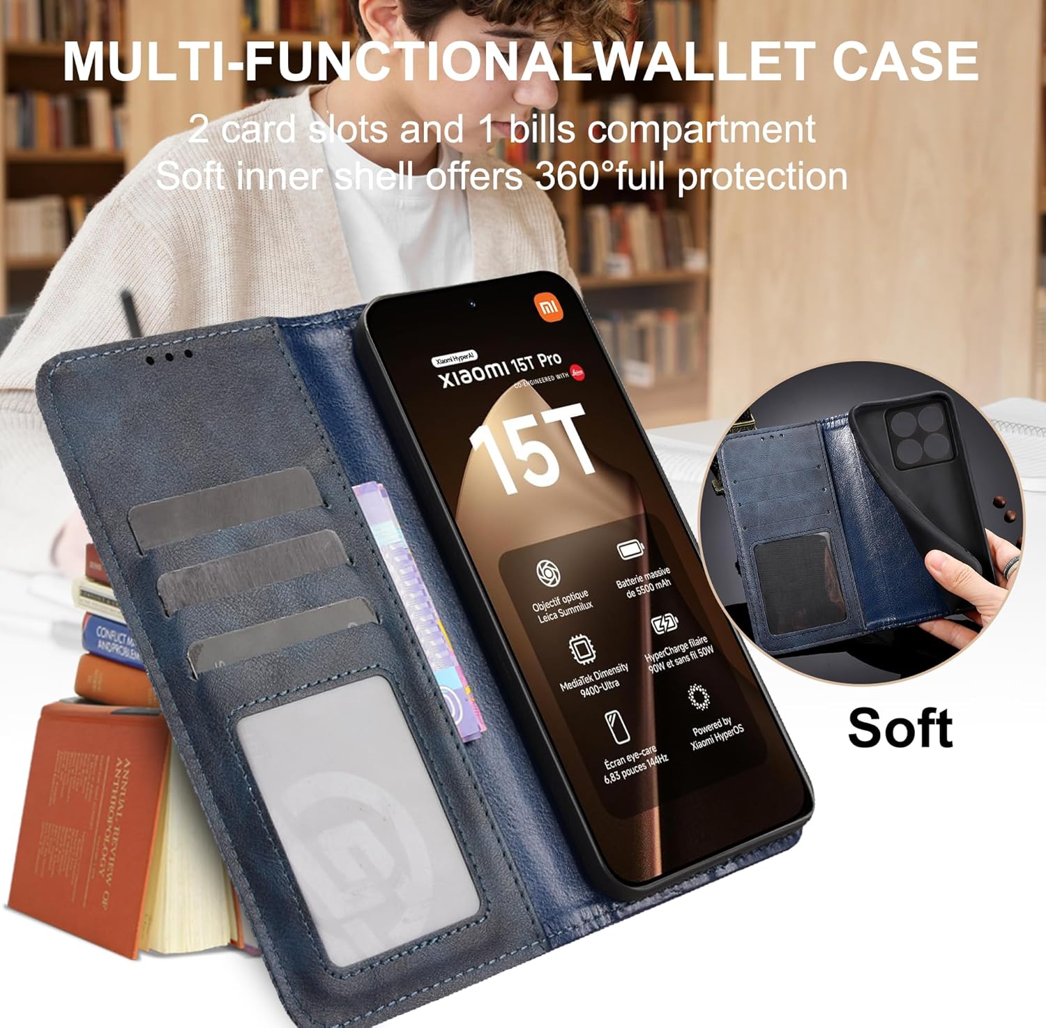 Thumbnail 2 de Fitudoos Hülle für Xiaomi 15T Pro – Leder Klapphülle mit RFID, Standfunktion, Magnetverschluss, Blau