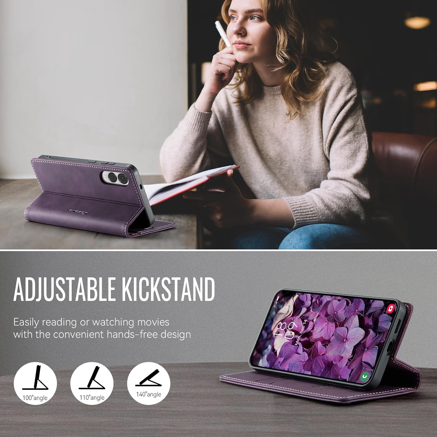 Detalle de Cracedily Wallet Case for Samsung Galaxy S25 Edge – Purple Leather Wallet Flip with RFID Blocking, Card Holder and Kickstand