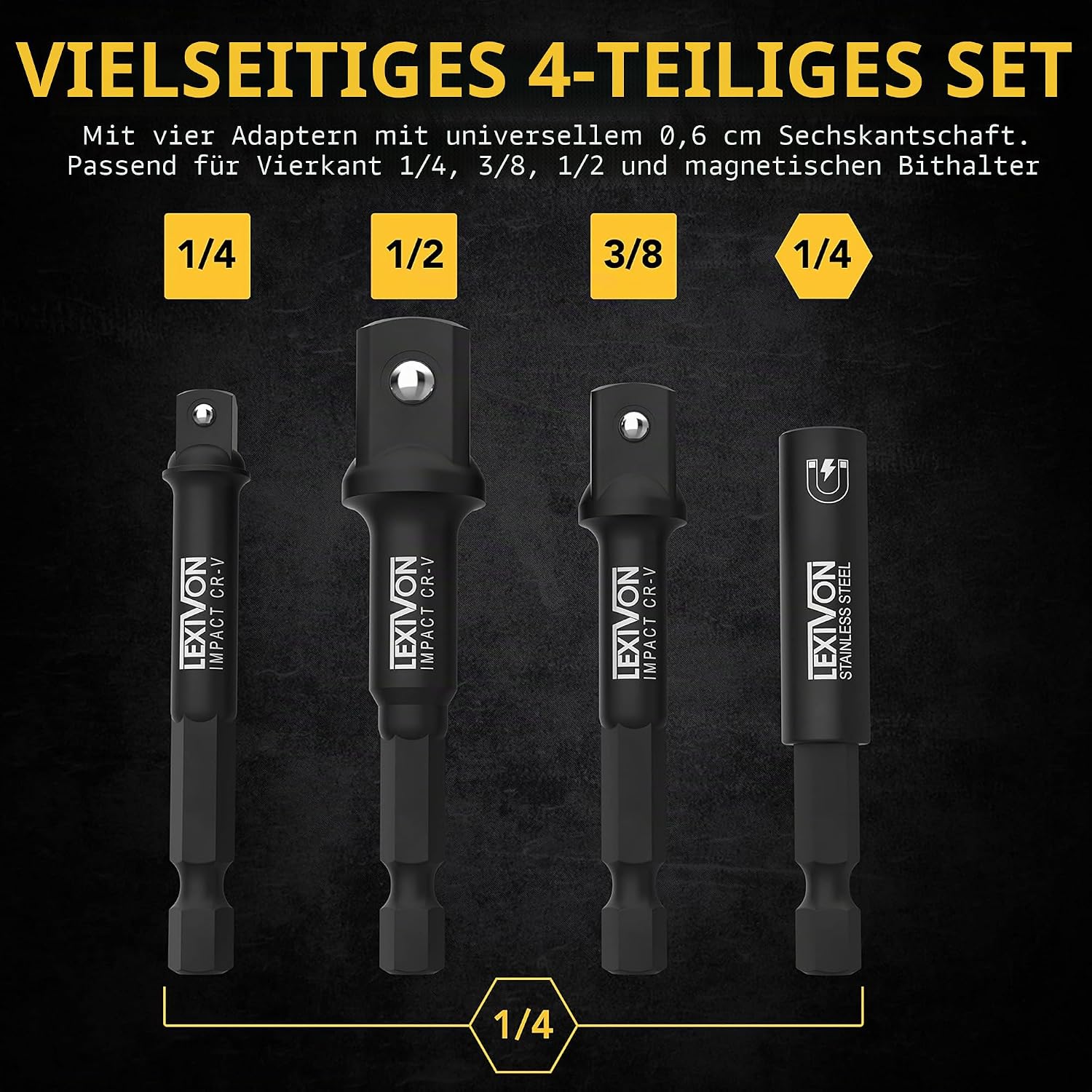 Thumbnail 5 de LEXIVON Impact Stecknuss-Adapter Set (4-teilig) mit Magnetic Bit-Halter: 1/4", 3/8" und 1/2" Drive auf 1/4" Hex Schaft