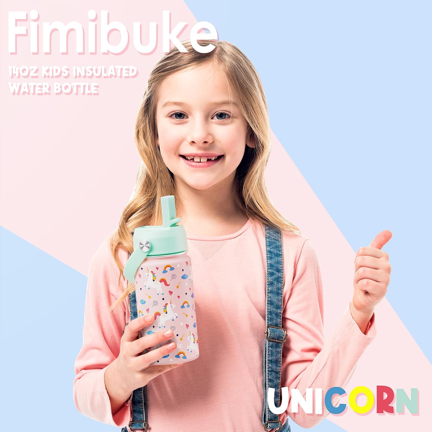 Thumbnail 6 de Fimibuke Kids Insulated Water Bottle (14oz) BPA-Free Double-Wall Vacuum Tumbler, Leak-Proof Straw Cups — 2-Pack (Unicorn/White Dinosaur)