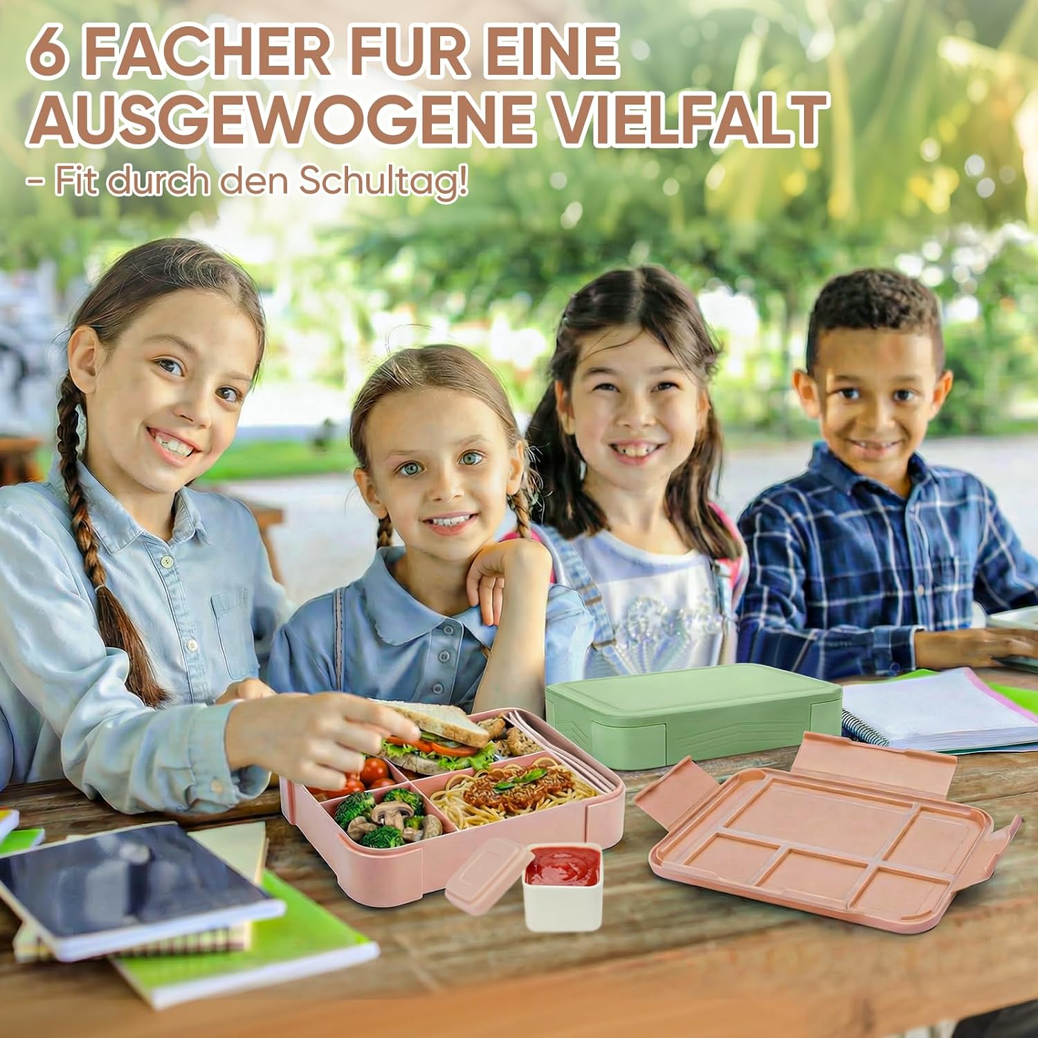 Detalle 2 de Bibury lunchbox voor kinderen, 1.300 ml, 5 vakken en apart sausbakje