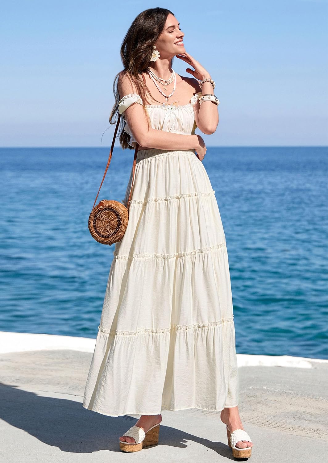 Thumbnail 2 de PRETTYGARDEN Boho Tiered Maxi Skirt for Women with Elastic Waistband & Side Pockets
