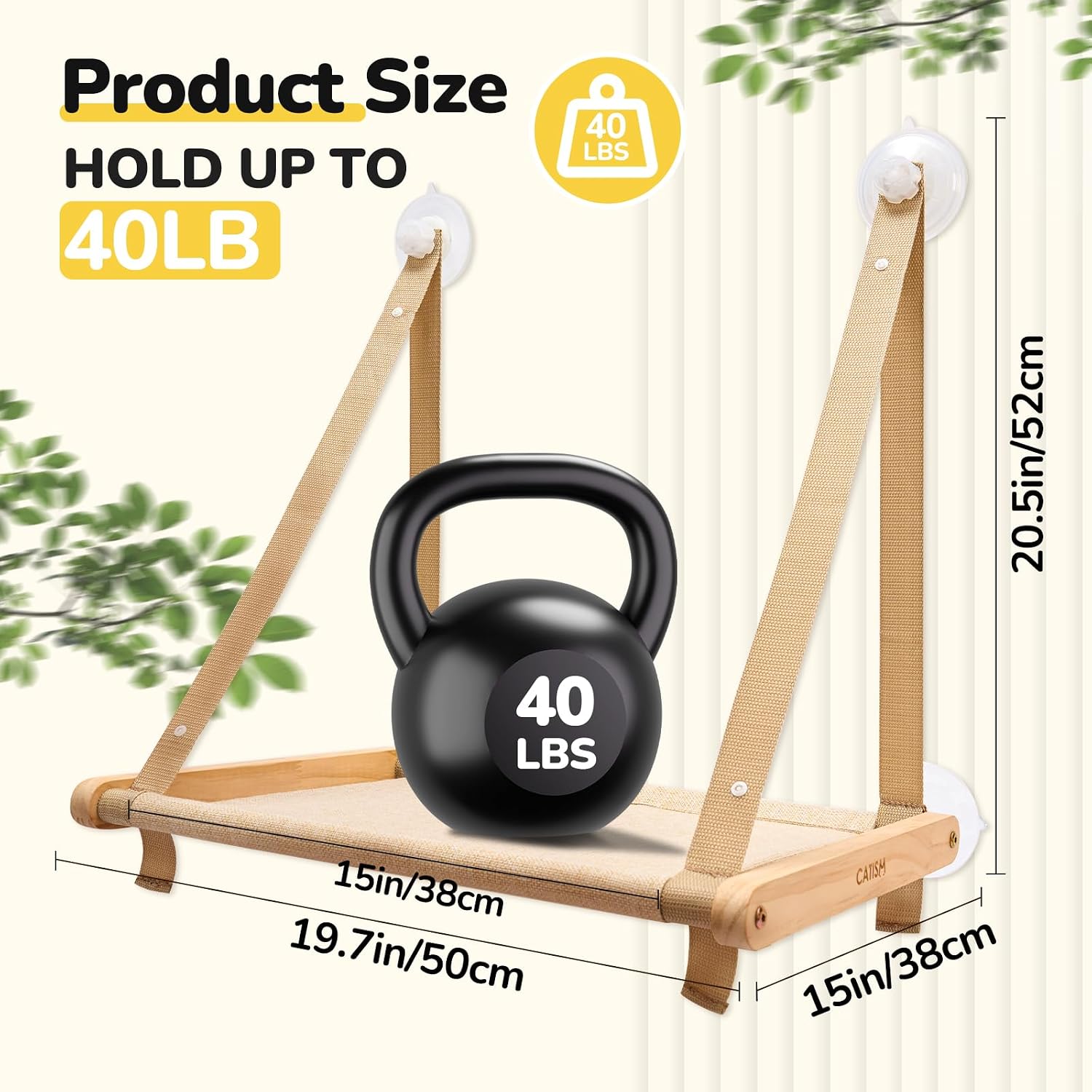 Detalle de CATISM Foldable Cat Window Bed Hammock (up to 20 kg) with Reinforced Perch & Strong Suction Cup, Washable Fabric, 50 x 38 cm