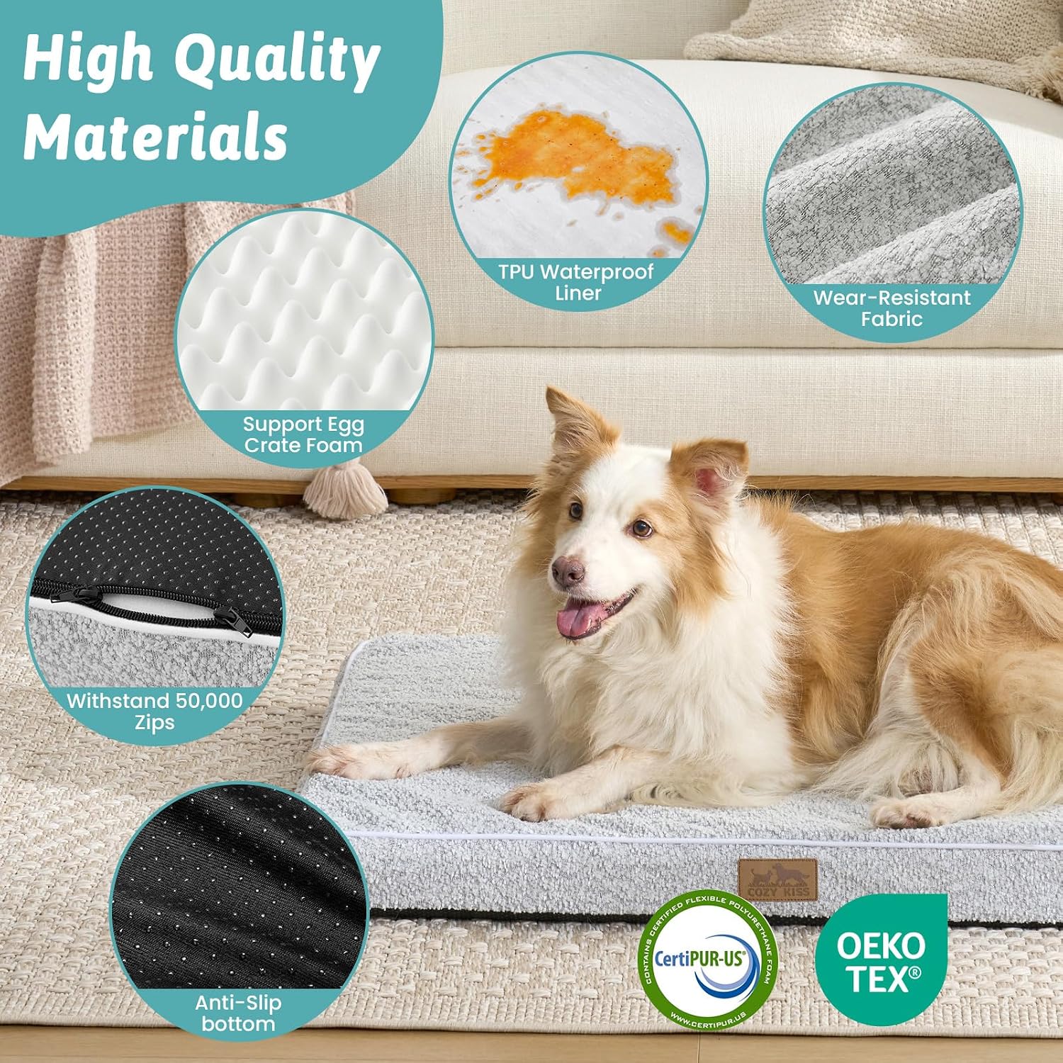 Detalle de COZY KISS orthopädisches Hundebett für große Hunde (Größe L, 91 x 68 x 7,6 cm) – abnehmbarer waschbarer Bezug, wasserabweisendes Futter, grau