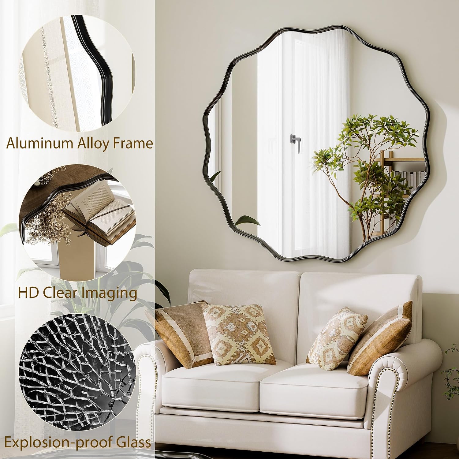 Detalle 2 de HARRITPURE 30" Scalloped Round Wall Mirror, Black Wavy Metal Frame