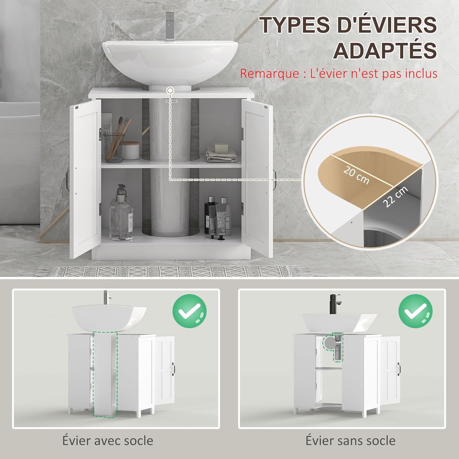 Thumbnail 3 de kleankin Meuble sous lavabo – Armoire de rangement blanche 60 x 30 x 60 cm avec porte double et étagère réglable