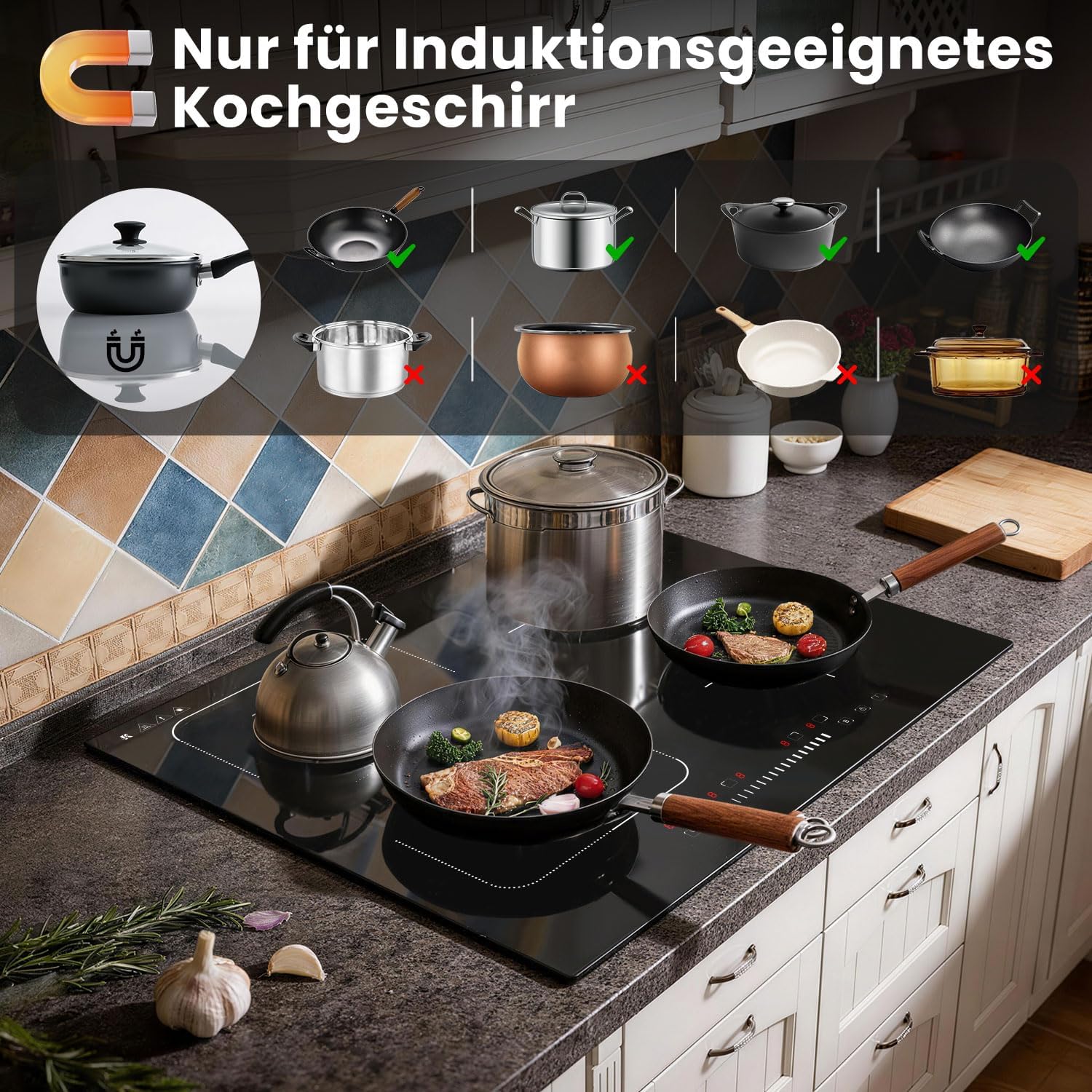 Thumbnail 6 de Karinear Induktionskochfeld 4 Zonen (7200 W) mit Flexzone, 60 cm autark – Schieberegler, Boost & Timer