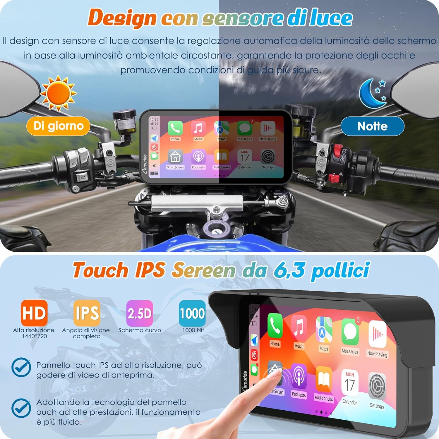 Thumbnail 6 de Carpuride W603 schermo CarPlay per moto da 6,3” wireless e Android Auto, touch impermeabile IP67 con audio BT e controllo vocale