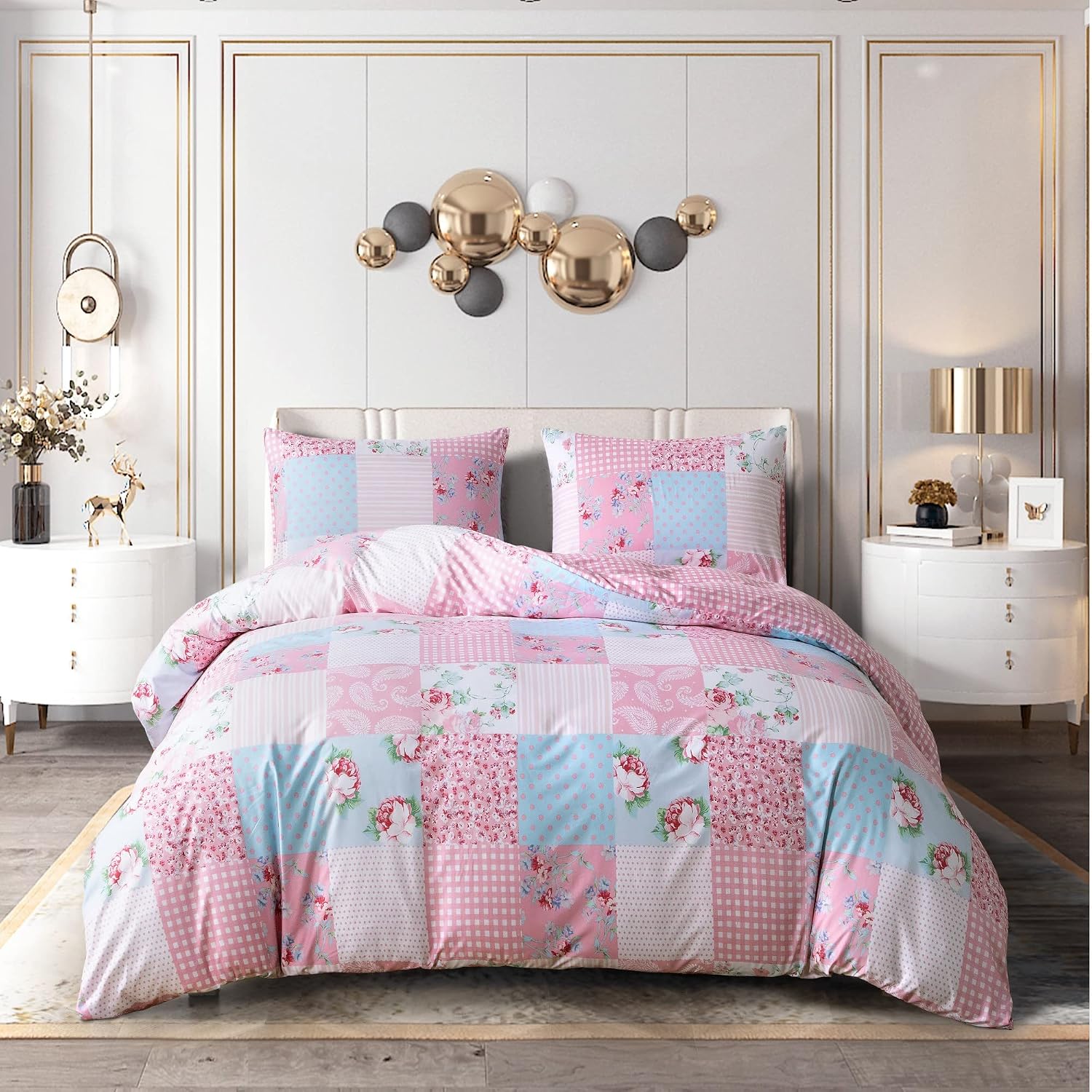 Detalle de Prime Linens Duvet Cover Set 4 Pcs – Brushed Microfibre, Floral Pink (Double)