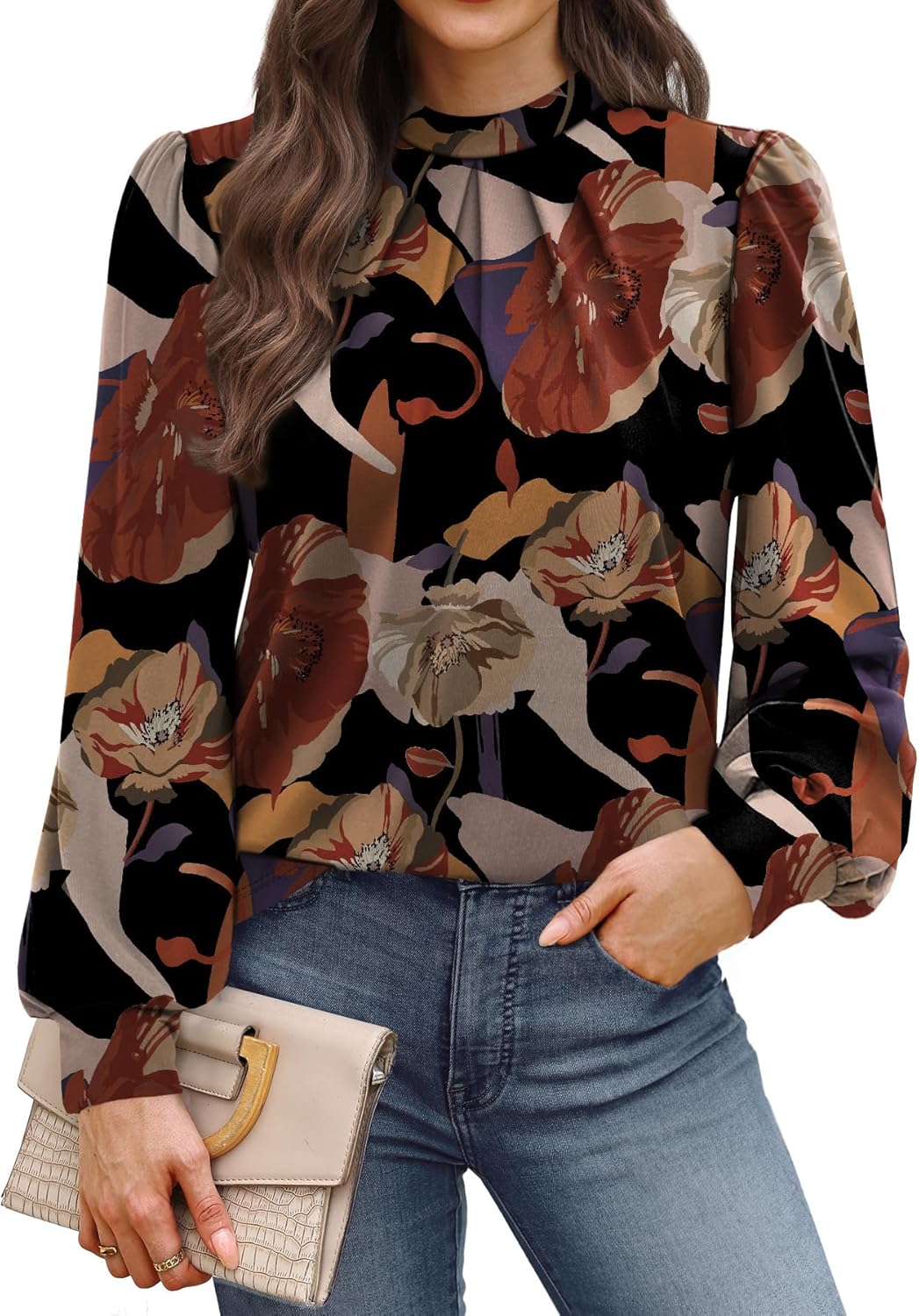 Thumbnail 4 de WIHOLL long sleeve mock neck pleated blouse for women – business loose fit top
