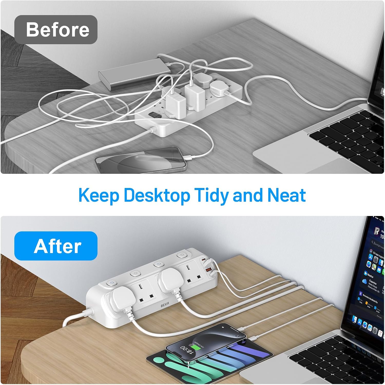 Detalle 2 de BEVA 4-Way Desk Extension Lead with Surge Protection and 4 USB Ports (PD20W) – White, 1.8m