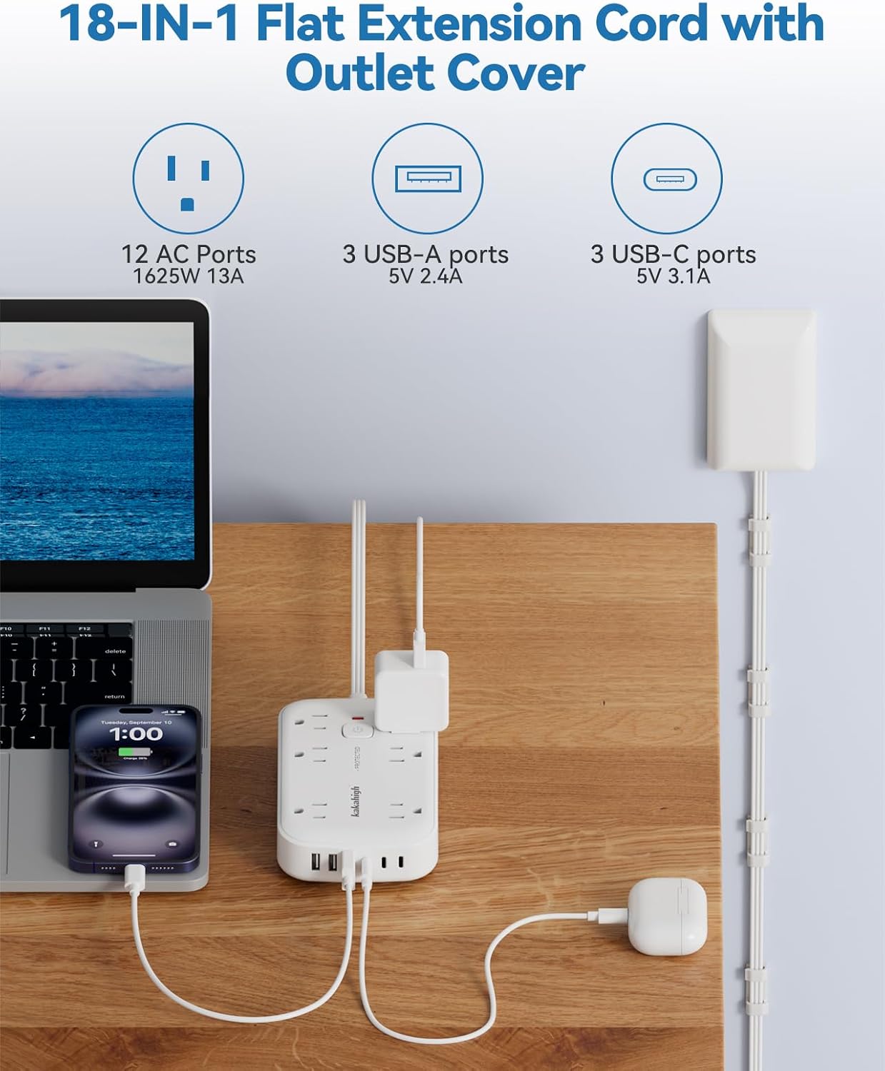 Detalle 2 de kakahigh 803 Flat Extension Cord with Outlet Cover, 12 Outlets and 6 USB Ports