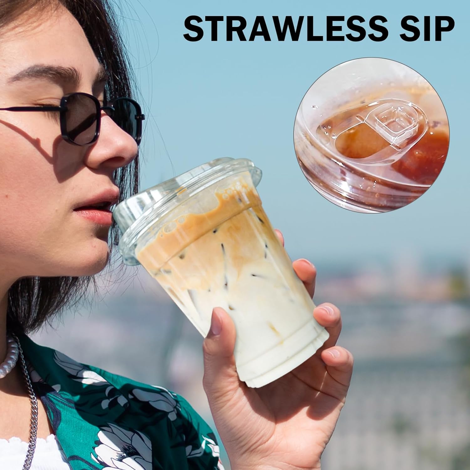 Detalle de BYSNOW 100 Pack 16 oz Clear Plastic Cups with Lids for Iced Coffee, Smoothies, and Cold Drinks