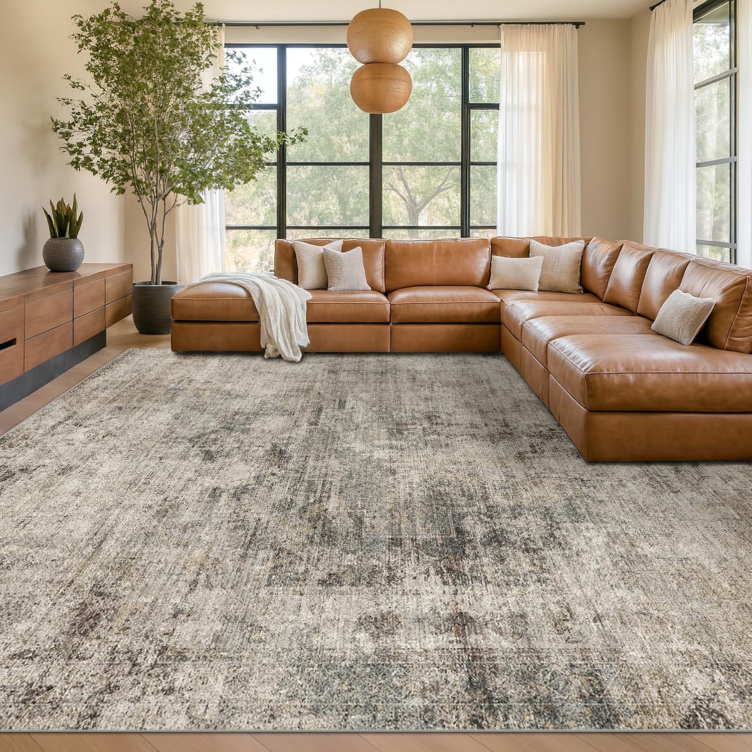 Washable 8x10 Area Rug (Taupe Brown) — Ultra-Soft Vintage Distressed Farmhouse Carpet with Non-Slip Backing