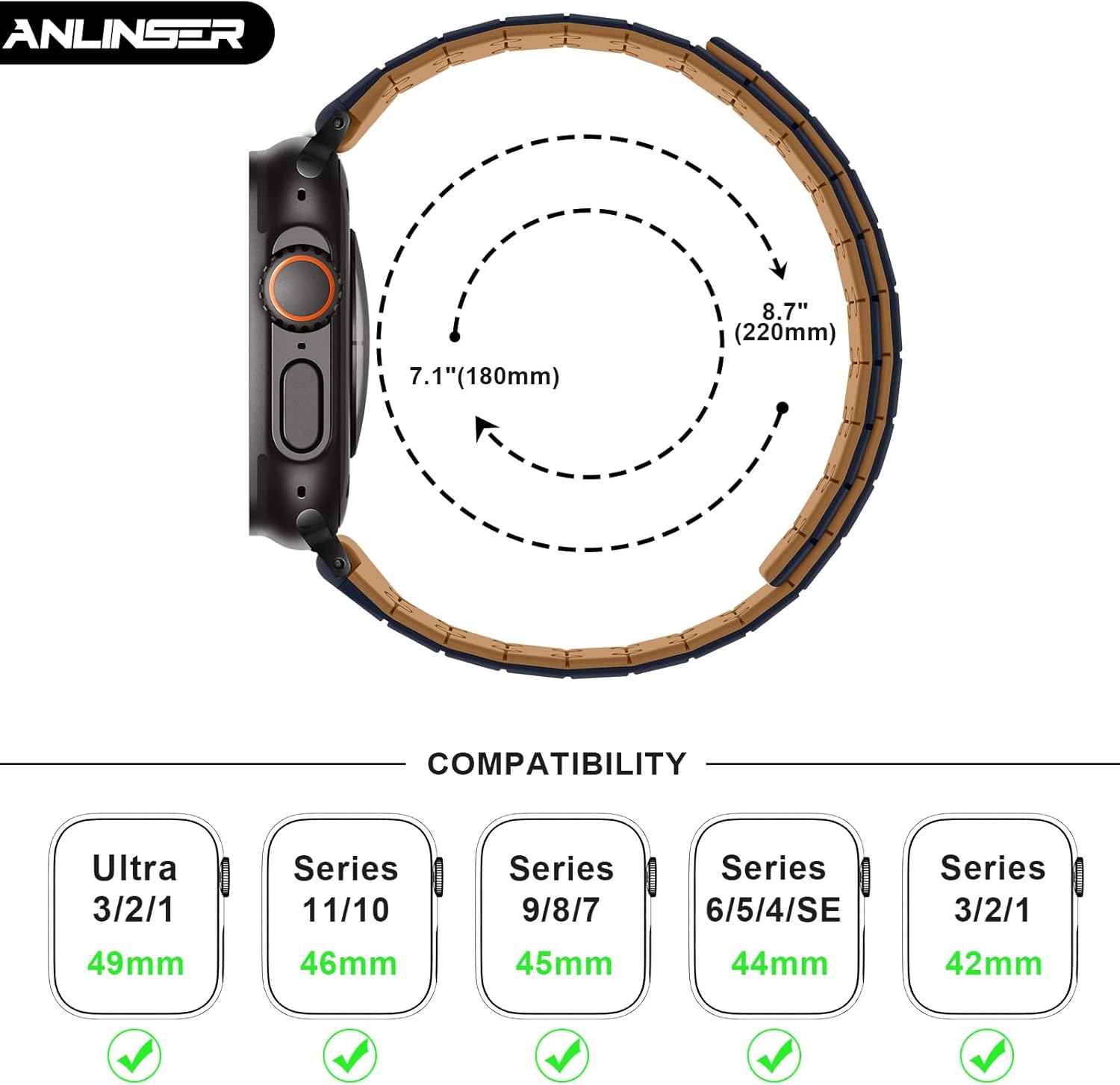 Thumbnail 5 de Anlinser Apple Watch Magnetic Silicone Band (49mm–42mm) – Brown/Indigo