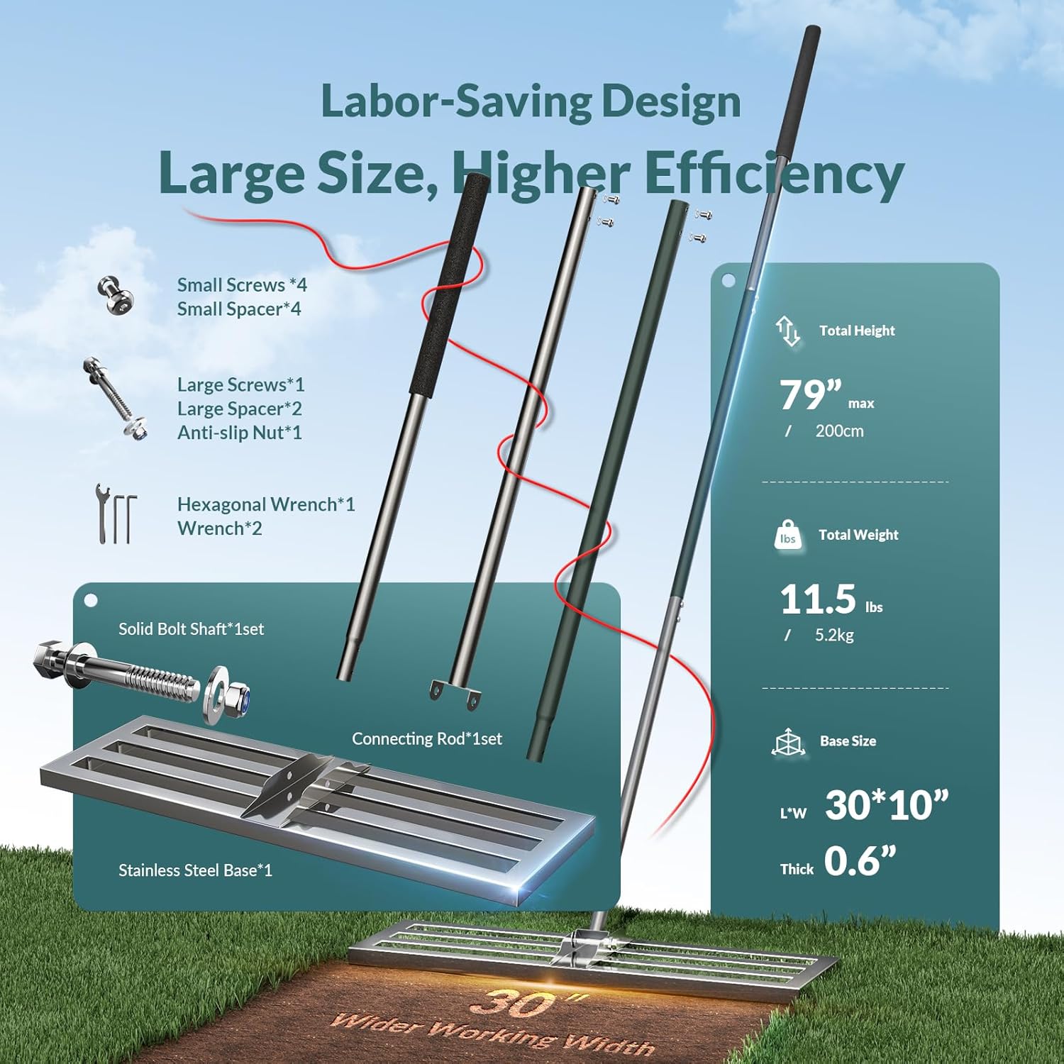 Thumbnail 1 de Rasen-Nivellierrechen 75 x 25 cm mit geschlossenem Boden (Edelstahl 304) und Schaumstoffgriff