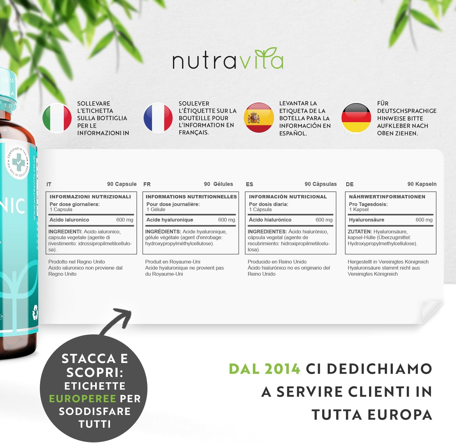 Thumbnail 4 de Nutravita Acido Ialuronico in Capsule – Fornitura di 3 mesi, 600 mg (500-700 kDa) vegan e senza allergeni
