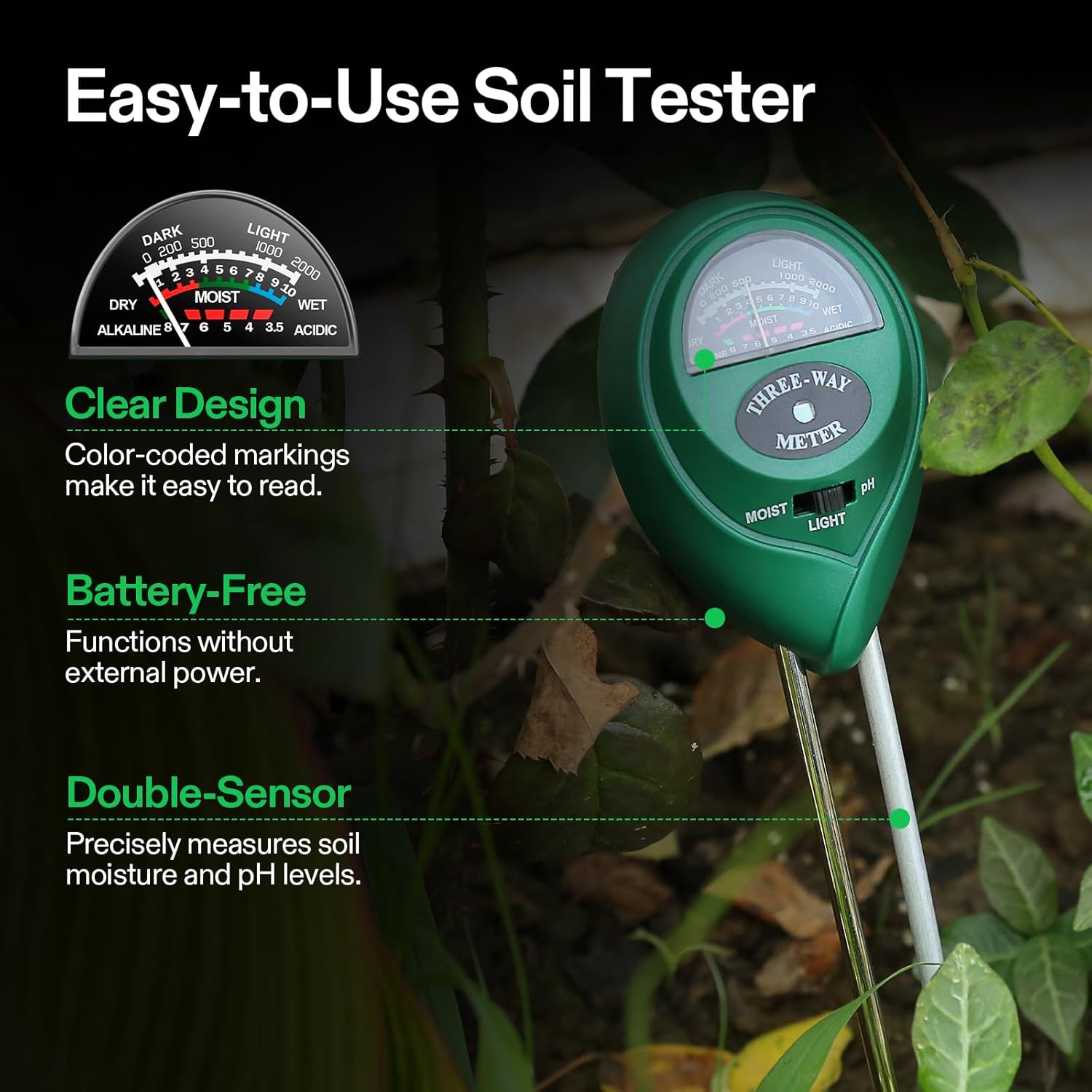 Thumbnail 6 de VIVOSUN Misuratore digitale 3-in-1 di pH, TDS e umidità del terreno con elettrodo in titanio