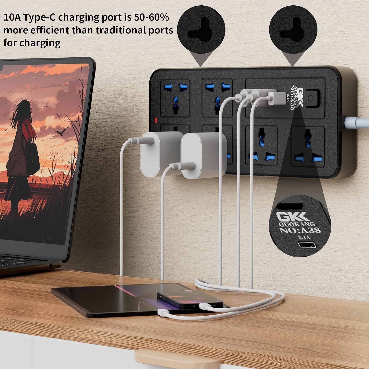 Detalle de UK Power Strip 6-way extension with 3 USB, USB-C and 2500W/10A switch (white)