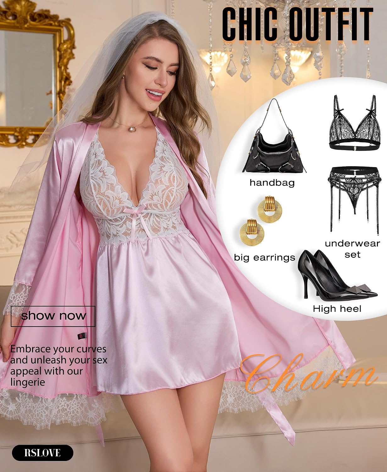 Detalle de RSLOVE satijnen lingerieset met kanten babydoll en bijpassende ochtendjas