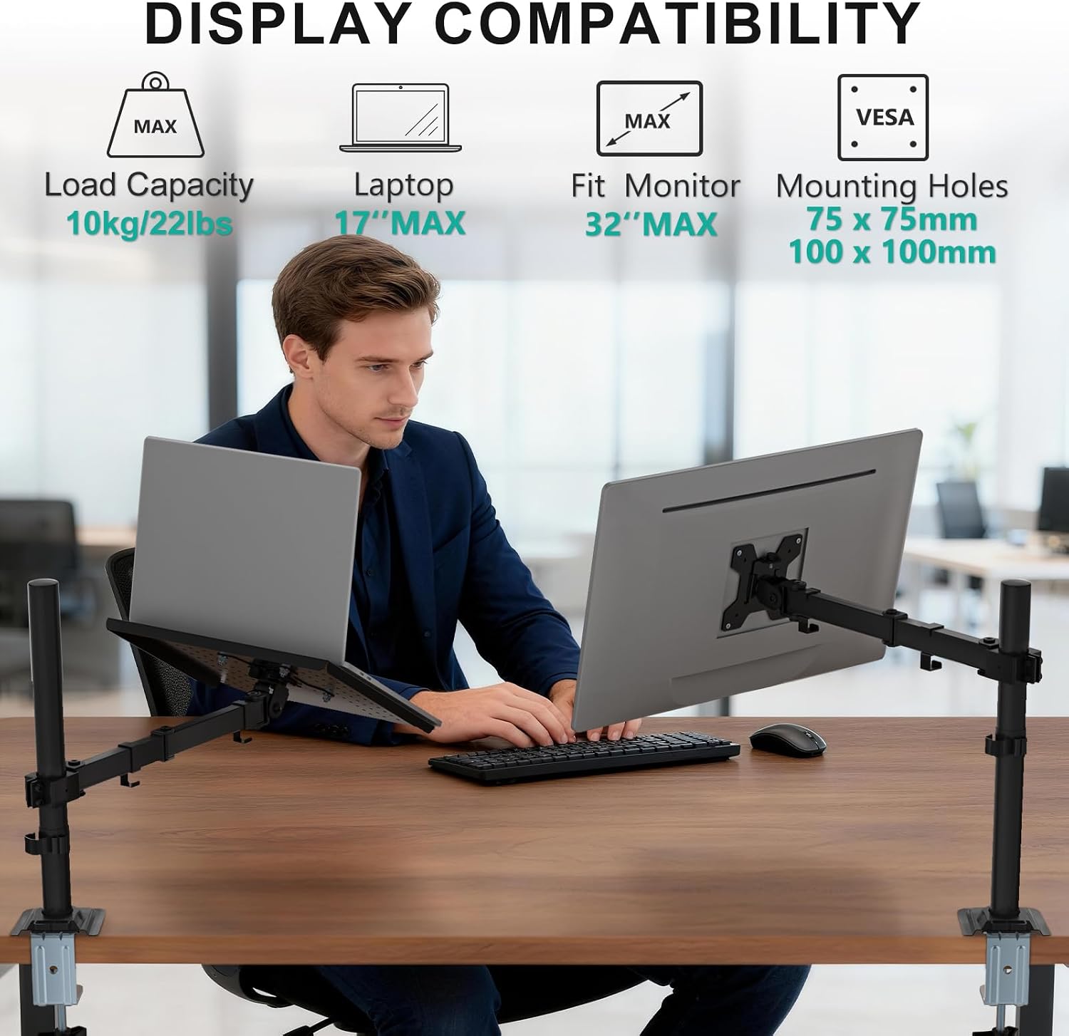 Detalle de WALI M00LP fully adjustable laptop desk mount with vented tray (up to 17 inch, up to 10 kg)