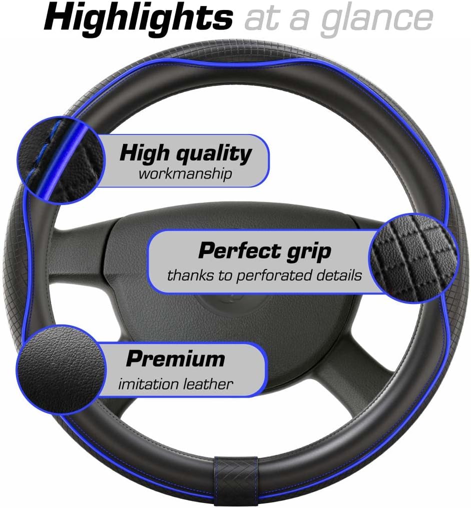 Detalle 2 de Upgrade4cars Blue & Black Leather Look Steering Wheel Cover – Universal 14.5–15 inch Fit