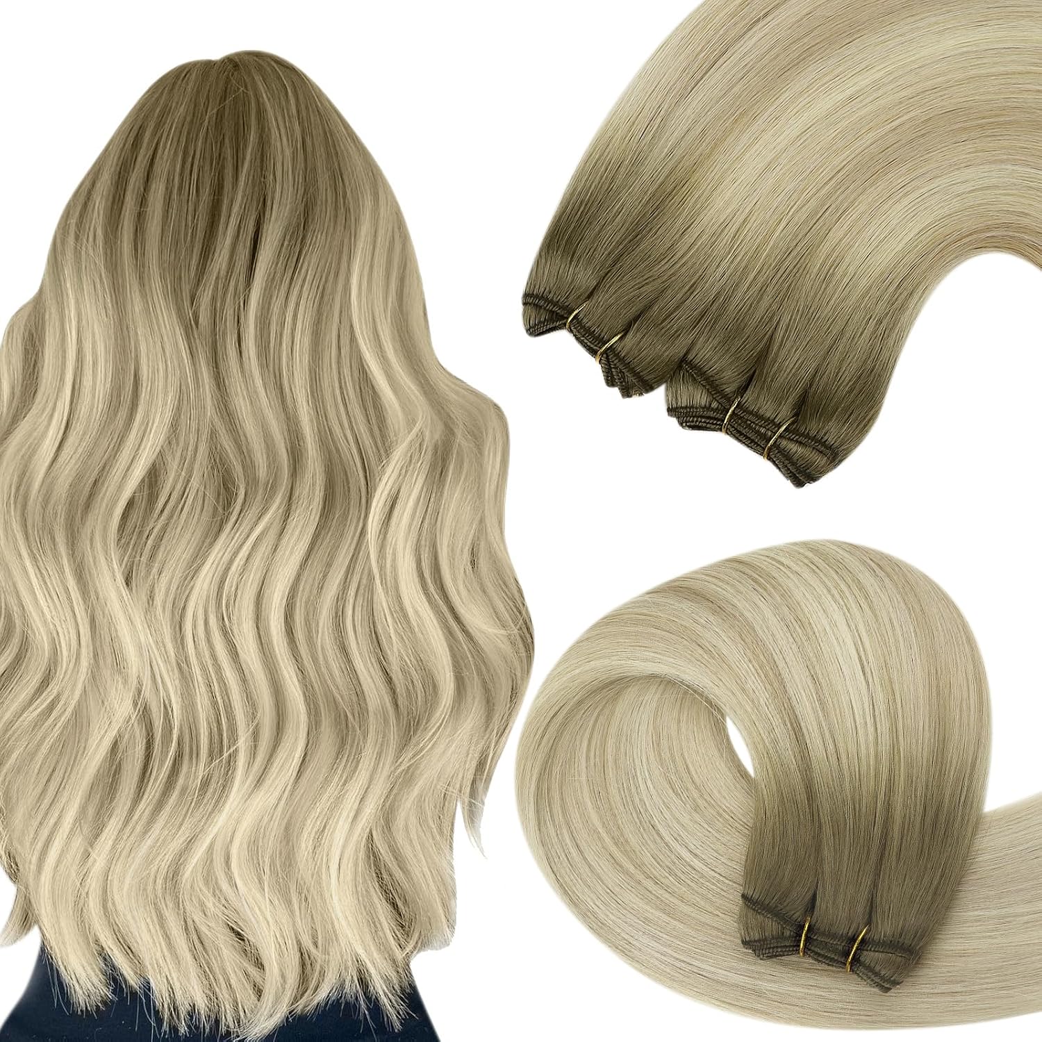 Detalle de YoungSee Tressen Echthaar Blond 45 cm – Echthaar-Tressen zum Einnähen, Aschblond Ombre