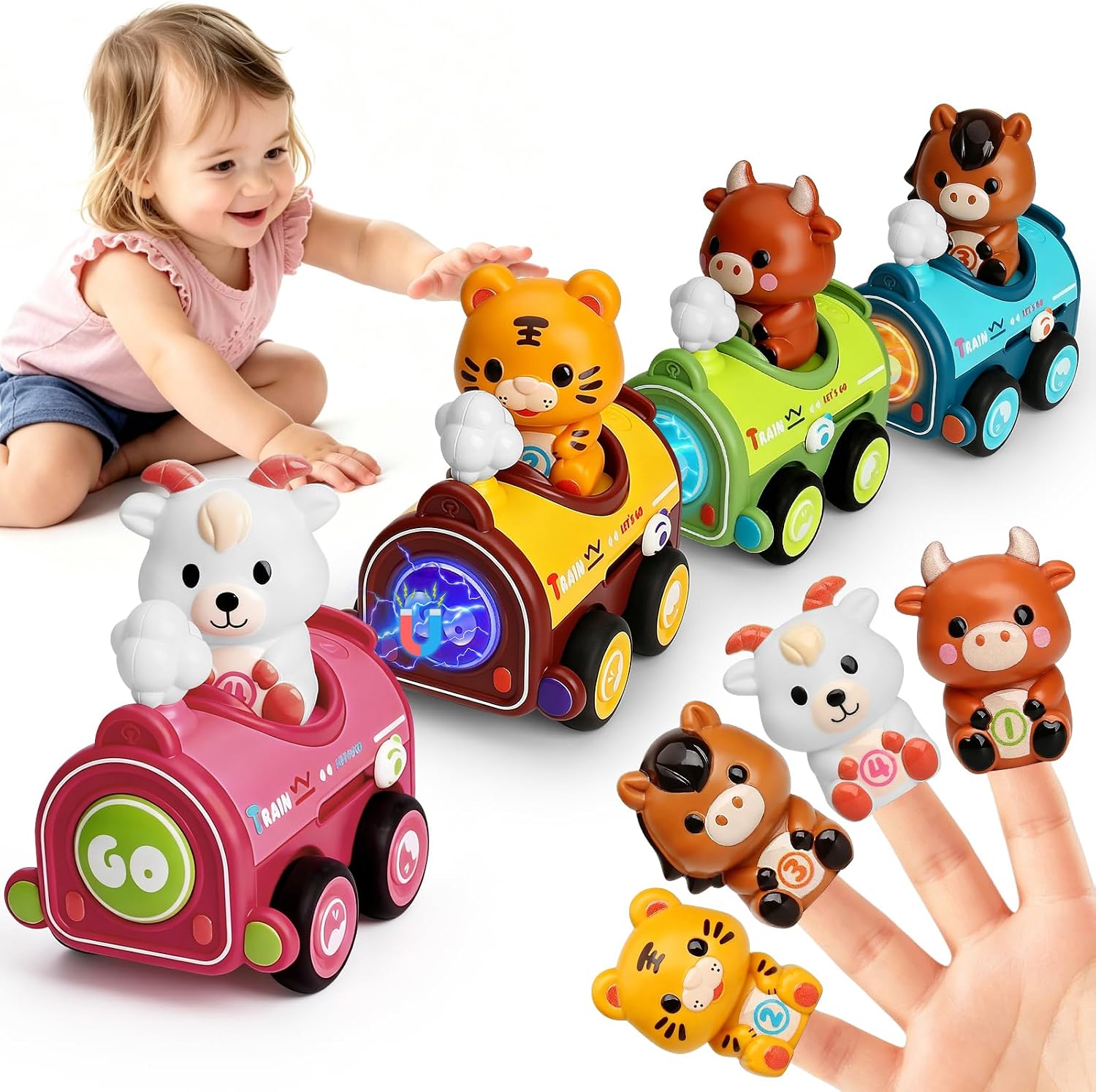 Detalle de MOONTOY Magnetic Press-to-Go Animal Cars, 4-Piece Set with Finger Puppets