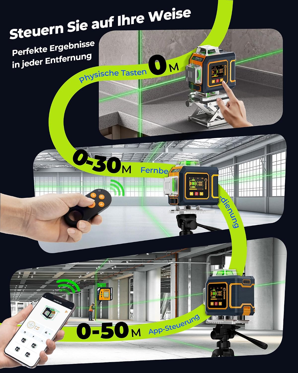Detalle de CIGMAN Kreuzlinienlaser CM-S04 (grün) mit App-Steuerung – selbstnivellierend, 4×360° und LCD-Display