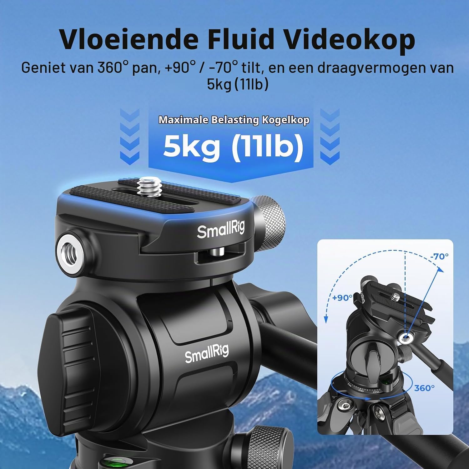 Detalle de SMALLRIG 5877 carbonfiber reisstatief met vloeistofkop en omkeerbare middenkolom
