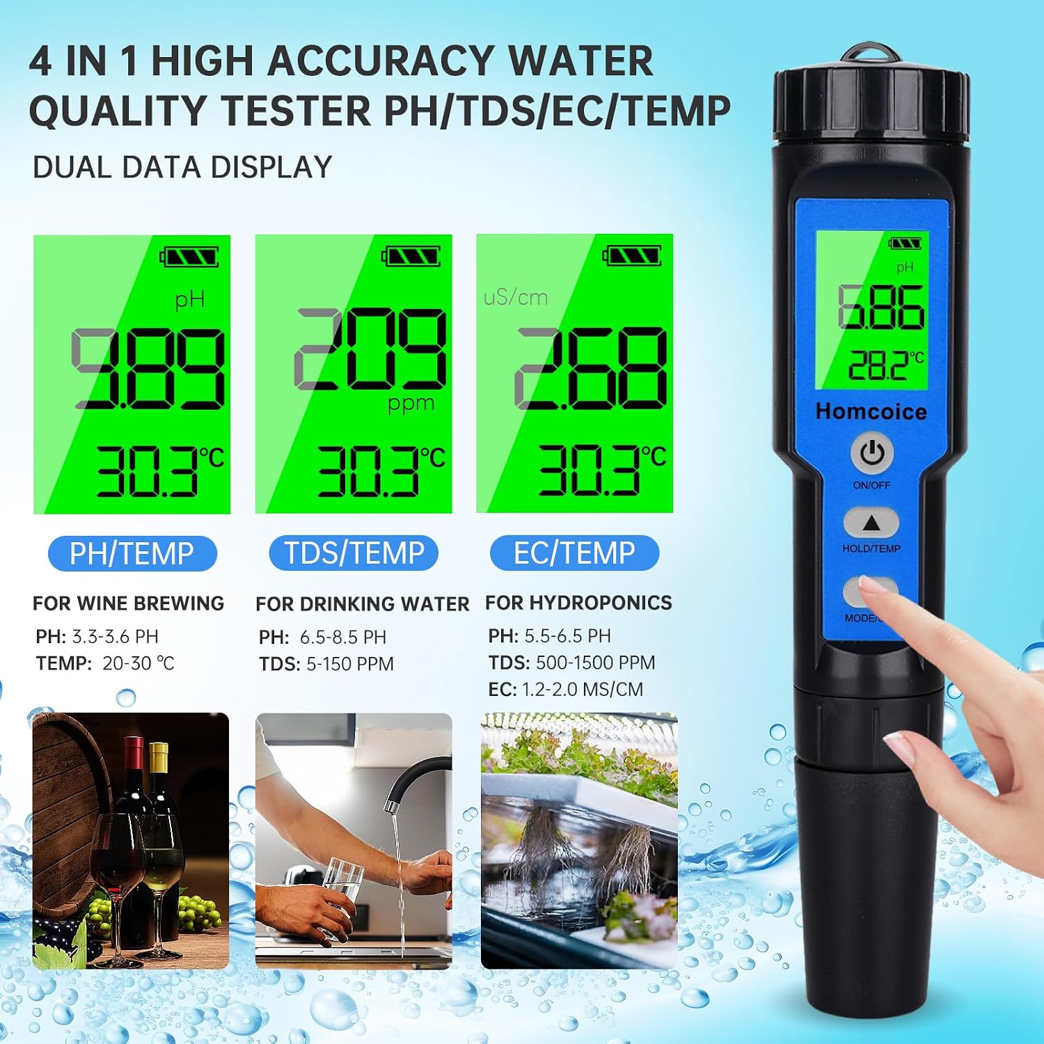 Detalle de Homcoice pH mètre électronique 4 en 1 (pH, TDS, EC, température) étanche IP67