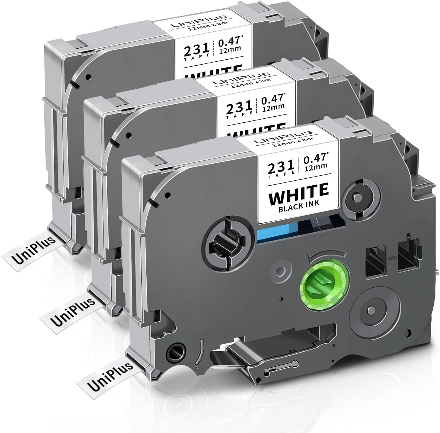 Detalle de UniPlus kompatibles TZe 0,47 12 mm Schriftband für Brother TZe-231 – 3er-Pack Schwarz auf Weiß