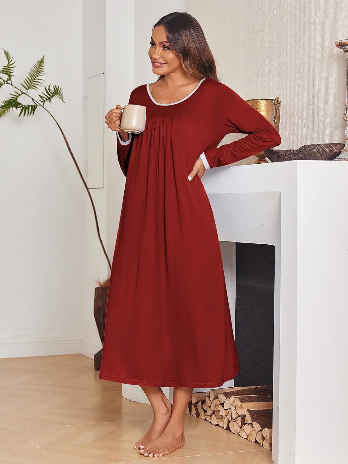 Detalle 1 de Ekouaer Long Sleeve Nightgown for Women, Full-Length Sleep Dress with Pockets