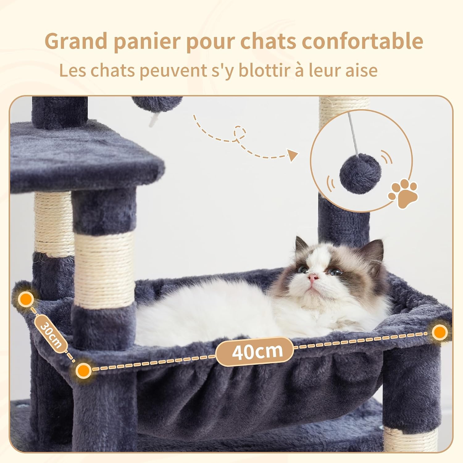 Detalle de Heybly Arbre À Chat Gris Foncé – Grand arbre à chat avec panier spacieux et lit confortable