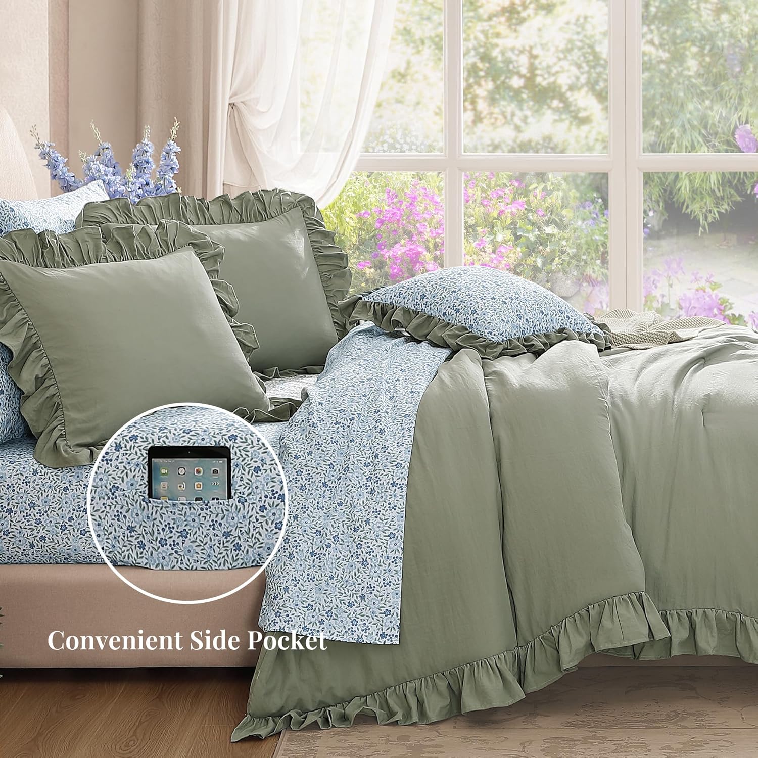Thumbnail 2 de BLOOMHAVEN Queen Comforter Set - 7 Pieces, Ruffle Sage Green with Floral Sheets