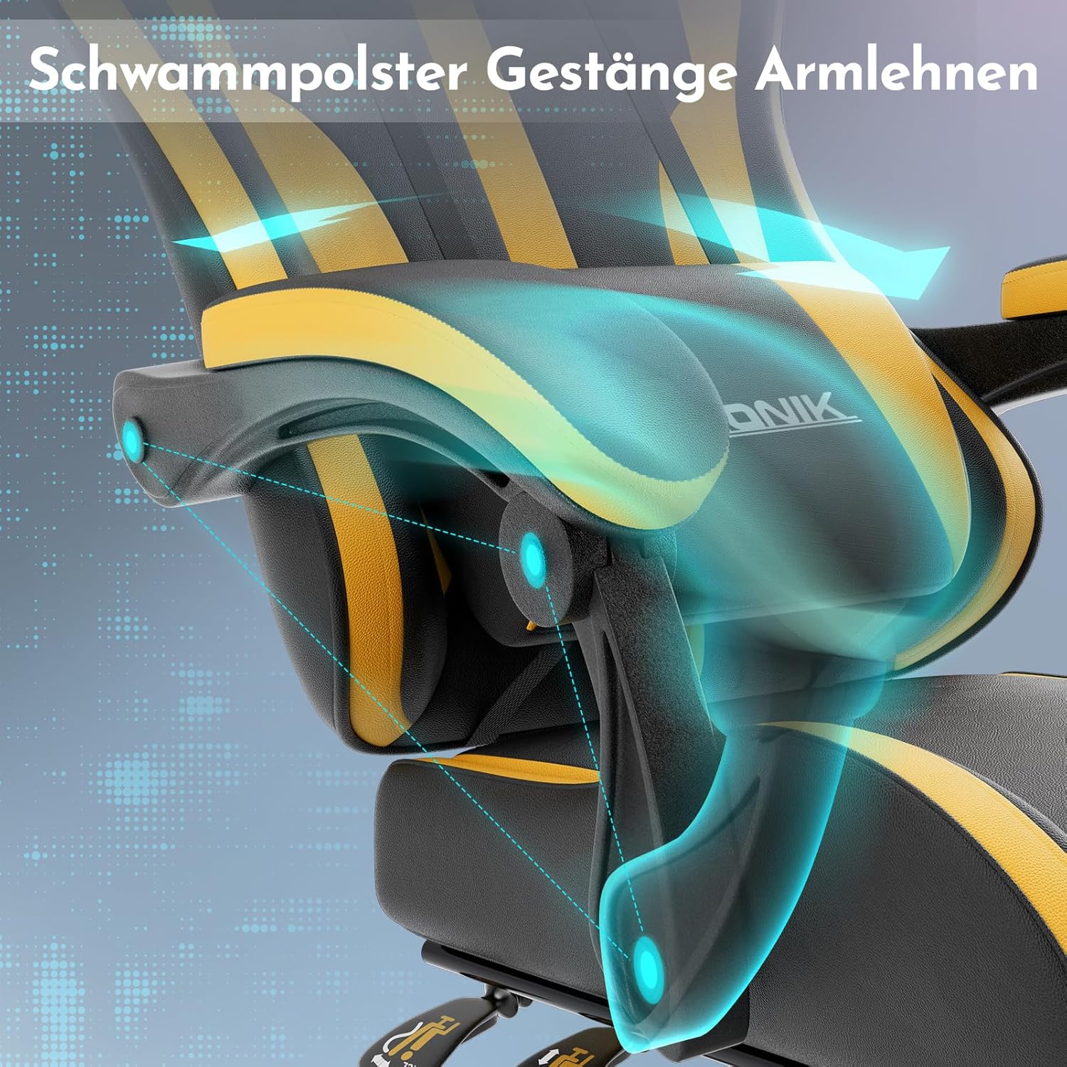 Thumbnail 6 de NIONIK Ergonomischer Gaming-Stuhl mit Fußstütze – Verstellbarer Computerstuhl mit Kopfstütze, Lendenwirbelstütze & Höheneinstellung (Orange BY)
