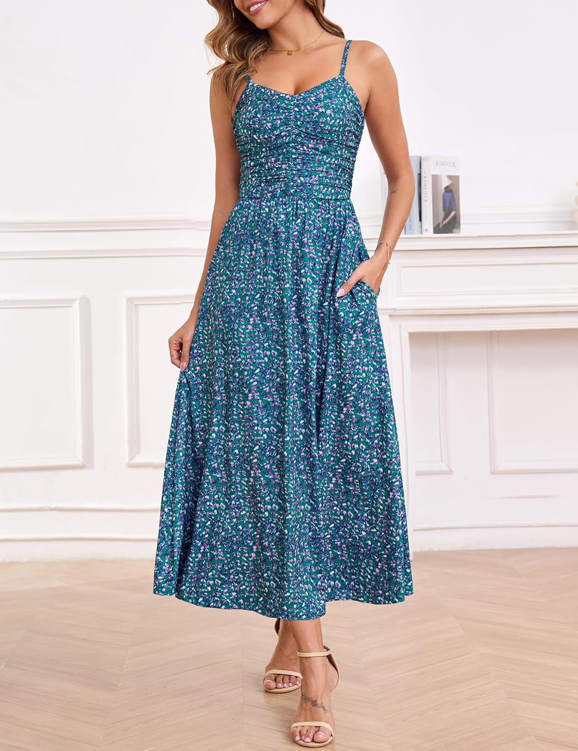 Thumbnail 3 de Annebouti Ruched Maxi Dress with Adjustable Spaghetti Straps, Floral Print, and Pockets