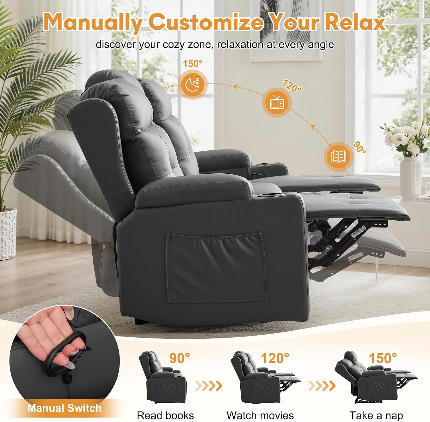 Detalle 2 de Korser LS-1066-Grey-NEW 3-Seat Recliner Sofa with PU Leather & Flip-Back Console