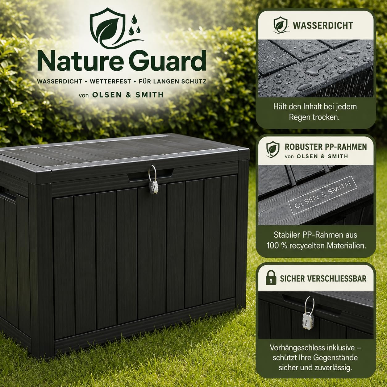 Detalle de Olsen & Smith Paketbox Draussen 170L – wetterfeste Aufbewahrungsbox mit Deckel
